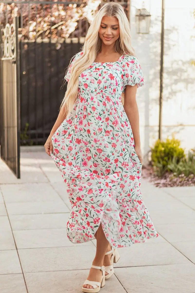 Pink Floral Puff Sleeve Square Neck Empire Waist Maxi Dress - Love Salve